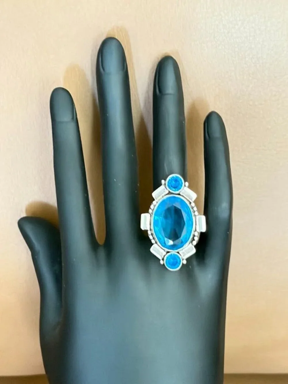Simulated Blue Topaz Three Stone Statement Ring 925 Silver Plated - Size 8.5